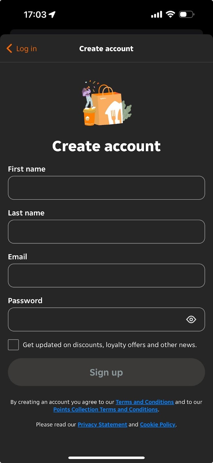 Legacy create account screen